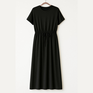 Elegant NEW Black knit Midi Dress XL drawstring waist, slash pockets, crew neck